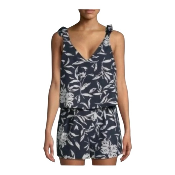J.O.A Linen Floral Romper Dark Blue White 100% Linen Sleeveless Ruffle Overlay M - Picture 1 of 16